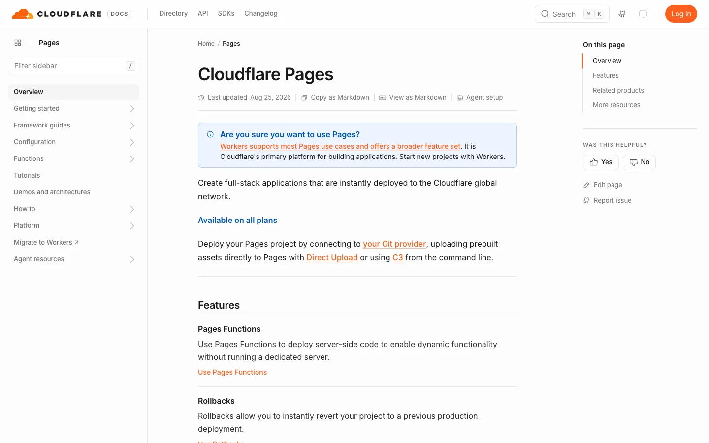 Cloudflare Pages 文档首页的提示