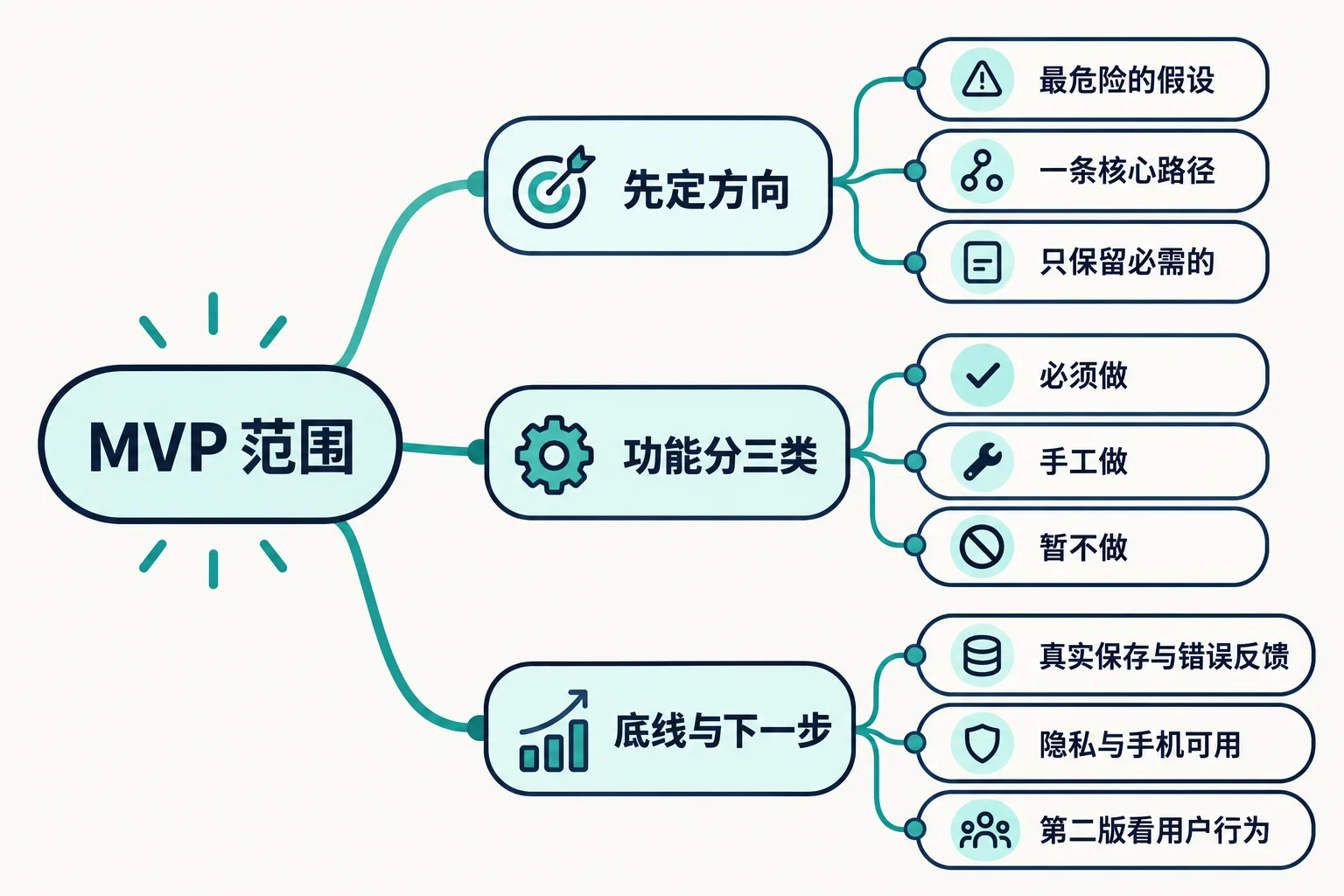MVP 范围控制：第一版到底做什么 思维导图