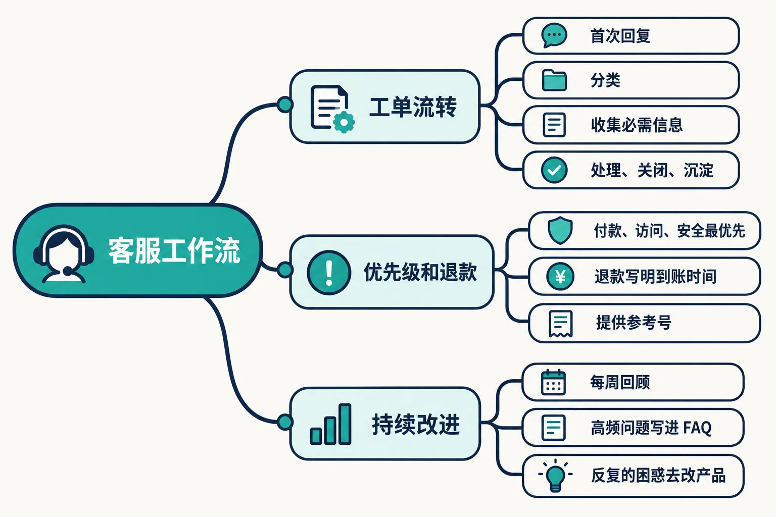 客服工作流:怎么处理问题、退款和反馈 思维导图